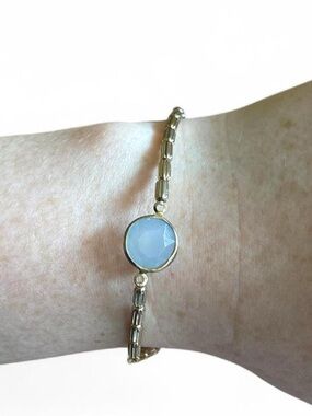 Dainty Gold Tone Faux Blue Chalcedony Stretch Bracelet